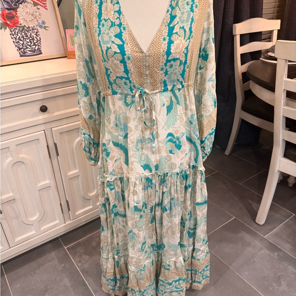 Floral V-Neck Dress in Teal and Cream
